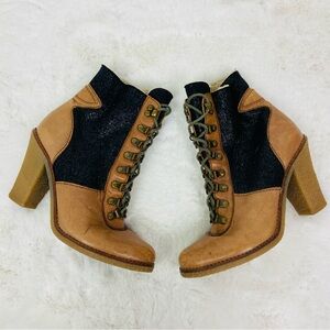 Sam Edelman Tara brown & black leather lace-up ankle boots shearling faux fur